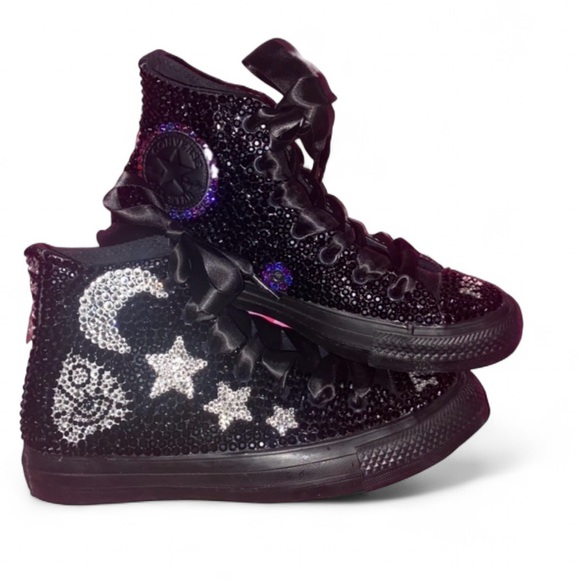Ouija Board Themed Jet Black Crystal High Top Converse Sizes 5-14 New In Box - Picture 3 of 15